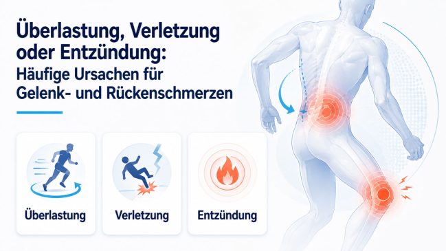 Infografik zu Überlastung, Verletzung und Entzündung als Ursachen für Gelenk- und Rückenschmerzen