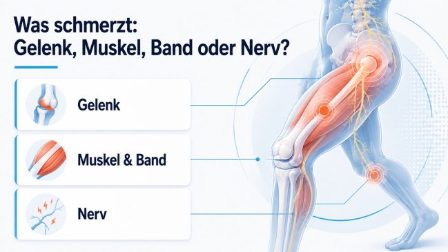 Infografik zur Unterscheidung von Gelenk-, Muskel-, Band- und Nervenschmerzen