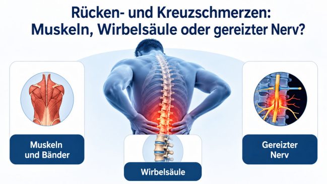 Anatomische Darstellung des unteren Rückens mit Muskeln, Wirbelsäule und gereiztem Nerv
