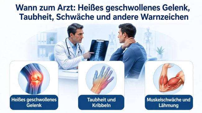 Arztgespräch zu Warnzeichen bei Gelenk- und Rückenschmerzen mit geschwollenem Gelenk, Taubheit und Muskelschwäche