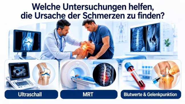Arzt untersucht Knieschmerzen mit Ultraschall, MRT, Blutwerten und Gelenkpunktion