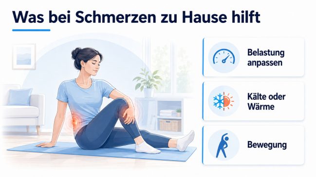 Frau bei vorsichtiger Bewegung zu Hause mit Hinweisen zu Belastung, Kälte oder Wärme
