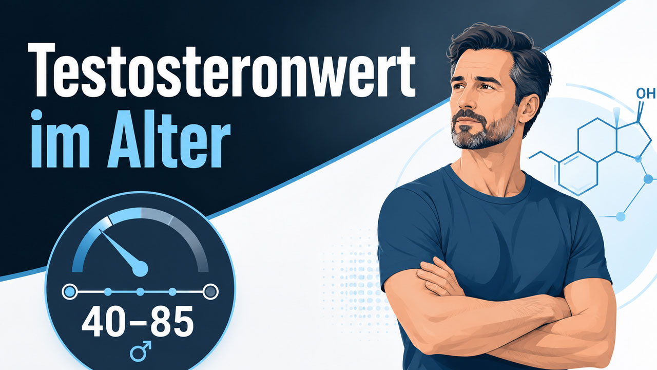 Mann neben Testosteron-Symbolen und Altersanzeige